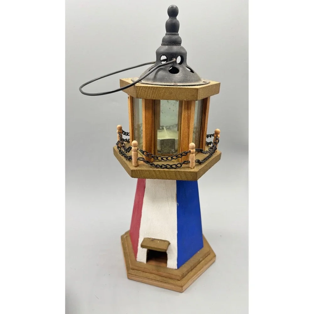 Vtg Wooden Lighthouse Candle‎ Holder Glass Panels Nautical Decor